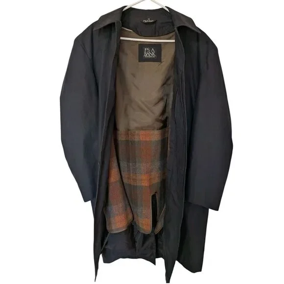 Jos A Bank Wool Removable Plaid Lining Black Trench Coat Mens 42R Classic Goth - Picture 2 of 7